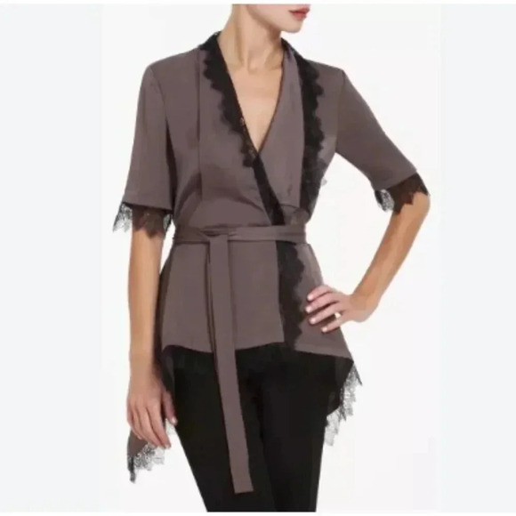 BCBGMaxAzria Tops - BCBG MaxAzria - ‘Eunice’ Satin Faux wrap top with lace - mulberry mist - XXS